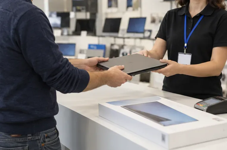 Cliente che consegna un computer portatile usato a un addetto in un negozio di elettronica