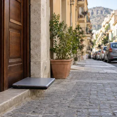 Un portatile chiuso appoggiato all'ingresso di un'abitazione al livello della strada