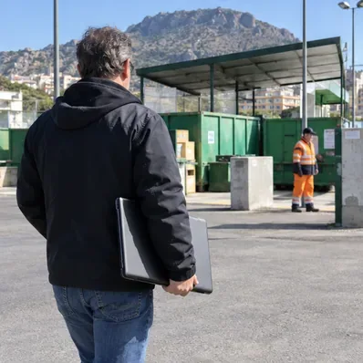 Un cittadino porta un portatile chiuso verso un centro comunale di raccolta