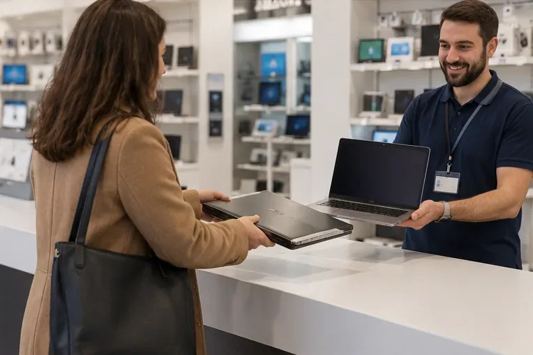 Cliente che consegna un vecchio portatile al banco di un negozio di elettronica mentre riceve un nuovo computer