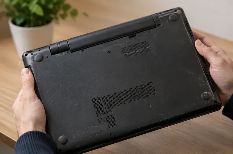 Mani che controllano il fondo di un vecchio computer portatile prima di portarlo al centro di raccolta