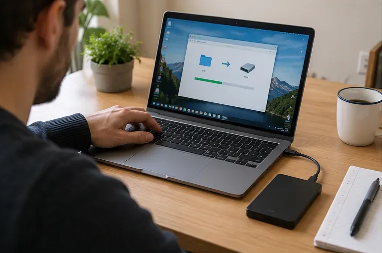 Persona che esegue il backup di un computer portatile su un'unità esterna prima della dismissione