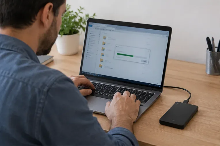 Persona che esegue il backup dei file di un portatile su un disco esterno prima del conferimento RAEE