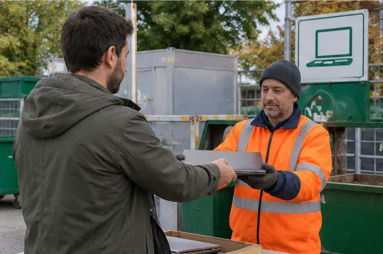 Cittadino che consegna un portatile a un addetto in un centro di raccolta per rifiuti elettronici