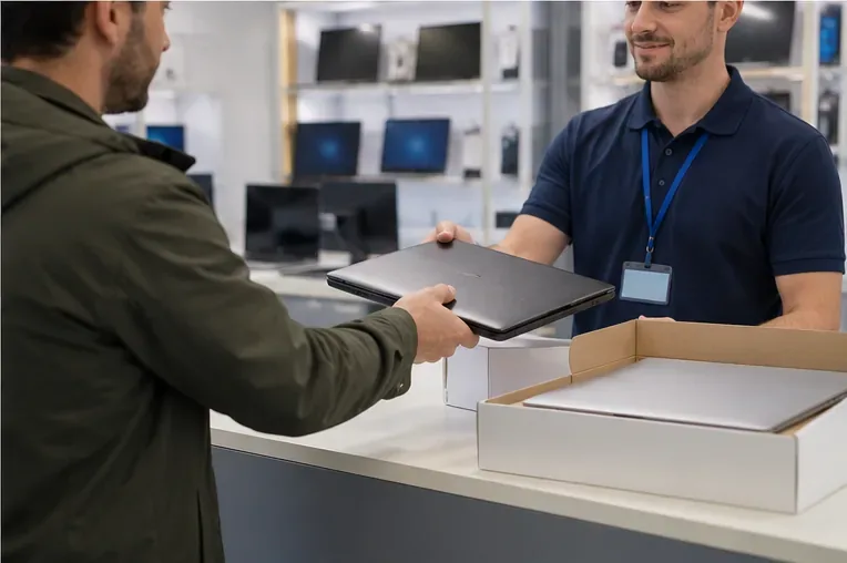 Cliente che consegna un vecchio portatile al personale di un negozio di elettronica durante la sostituzione con un nuovo computer
