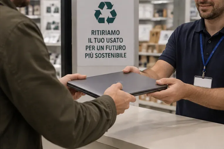 Un cliente consegna un computer portatile usato a un addetto di un punto vendita per il ritiro RAEE