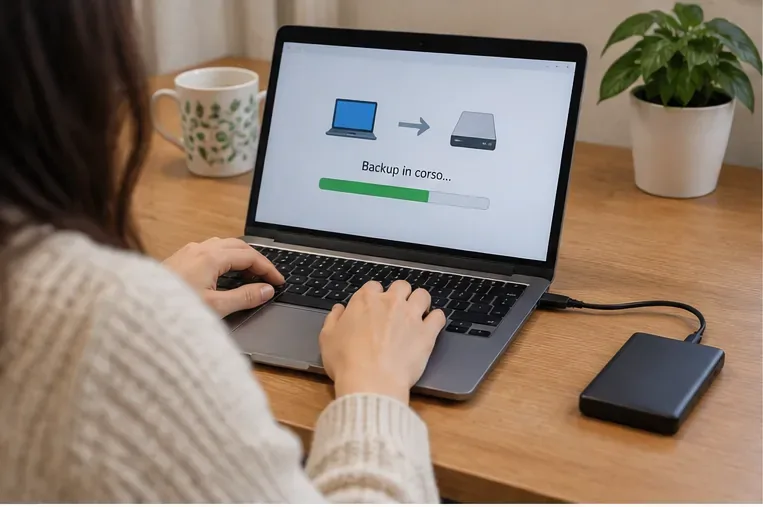Una persona esegue il backup dei dati di un computer portatile su un disco esterno prima del conferimento RAEE
