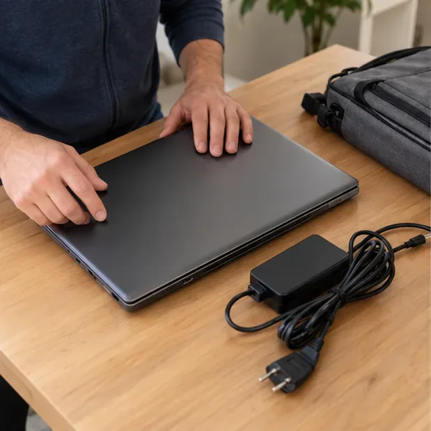 Un computer portatile chiuso con il proprio alimentatore pronto per essere trasportato a un centro di raccolta