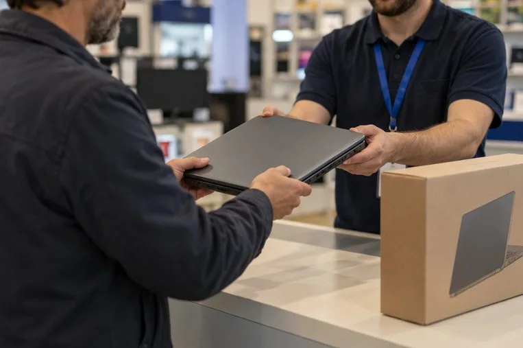 Un addetto riceve un portatile chiuso da una persona al banco di un negozio di elettronica.