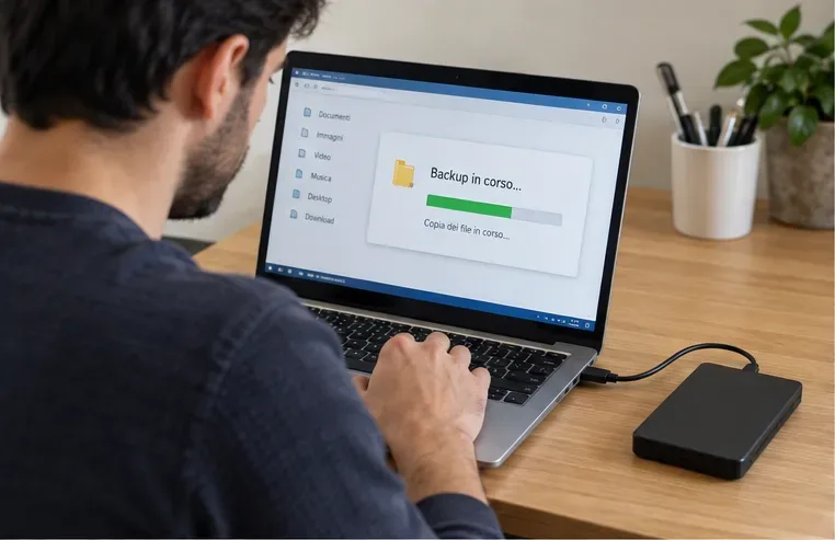 Una persona esegue il backup dei file di un portatile su un'unità esterna prima della dismissione