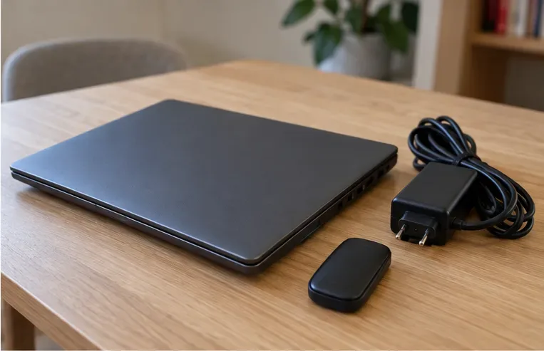Un portatile chiuso con alimentatore e mouse preparati sul tavolo per il conferimento RAEE