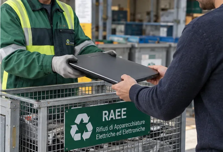 Un addetto di un centro di raccolta riceve un computer portatile nell'area dedicata ai RAEE