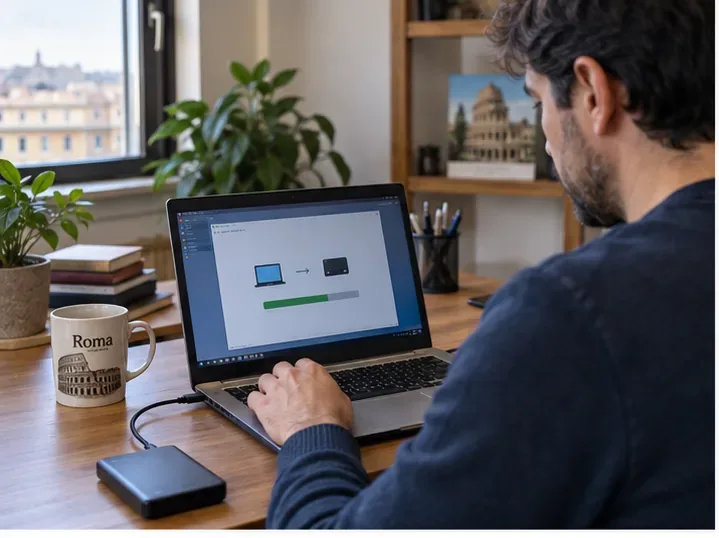 Persona che esegue un backup di un computer portatile collegato a un disco esterno prima del riciclo