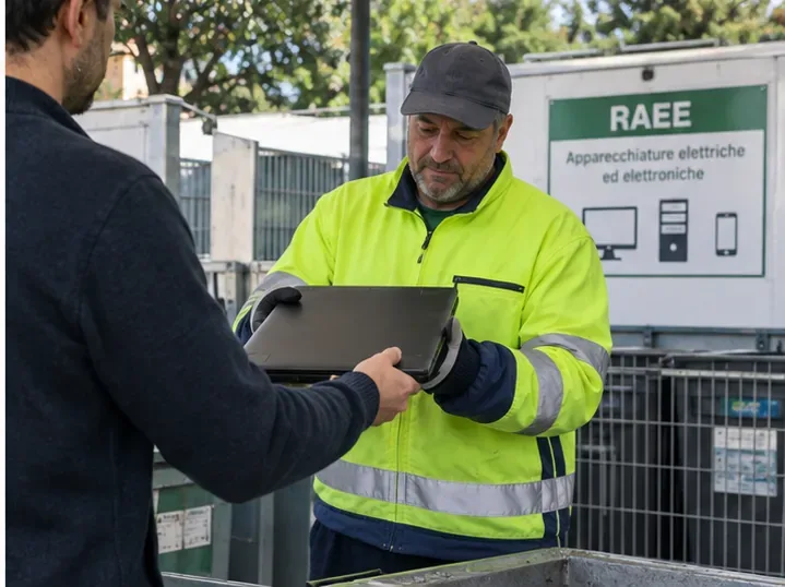 Addetto di un centro di raccolta che riceve un computer portatile davanti a un’area contrassegnata RAEE