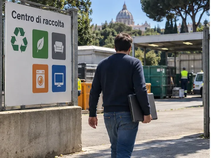 Persona che entra in un centro di raccolta con un vecchio computer portatile in mano