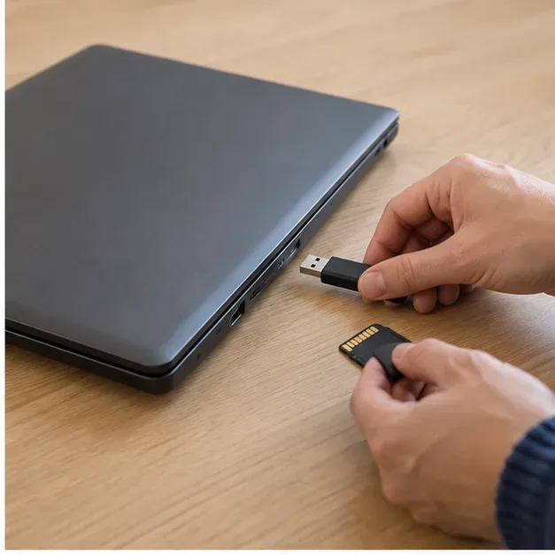 Mani che rimuovono una chiavetta USB e una scheda di memoria da accanto a un portatile chiuso