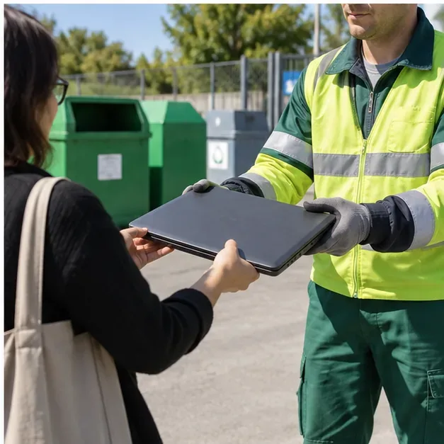 Una persona consegna un computer portatile chiuso a un addetto con guanti e gilet ad alta visibilità in un centro di raccolta