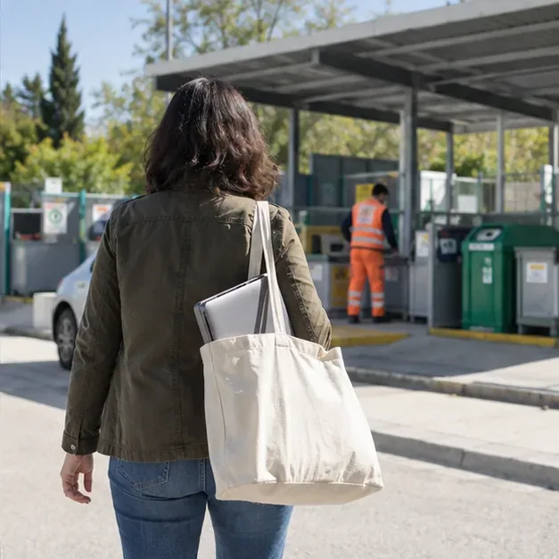 Persona con un portatile in una borsa riutilizzabile davanti a un centro comunale di raccolta