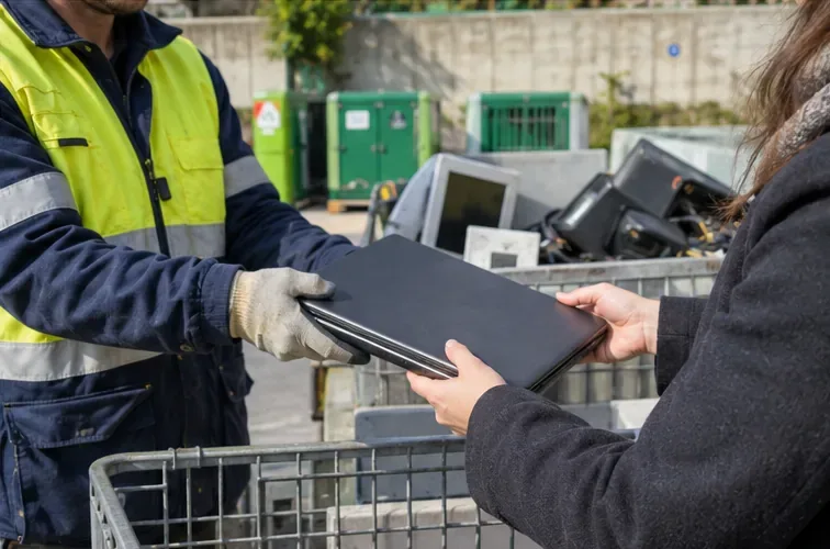 Una persona consegna un portatile chiuso a un addetto con guanti in un’area dedicata ai rifiuti elettronici.