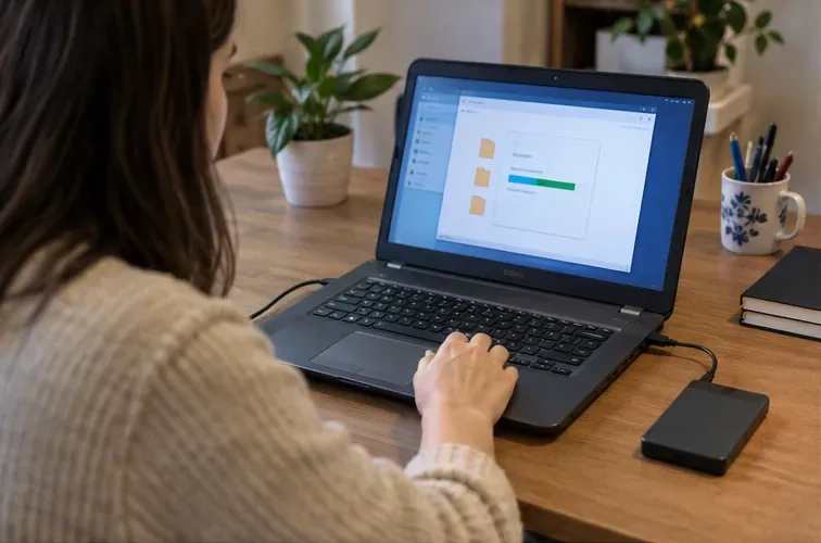 Una persona esegue il backup dei file da un portatile collegato a un disco esterno su una scrivania.