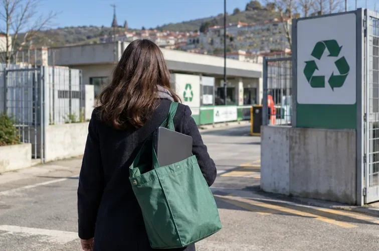 Una persona porta un portatile in una borsa verso l’ingresso di un centro di raccolta con simbolo del riciclo.