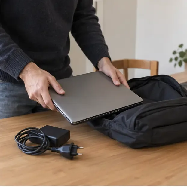 Un portatile chiuso viene sistemato in una borsa, con l’alimentatore scollegato appoggiato sul tavolo.