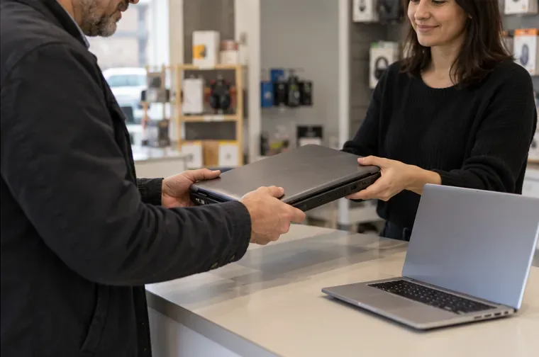 Cliente che consegna un vecchio portatile al bancone di un negozio dove è esposto anche un computer nuovo.