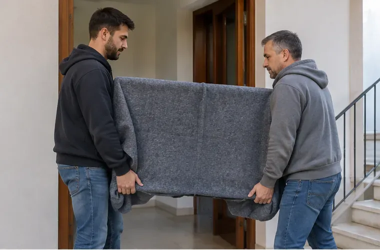 Due persone trasportano un televisore protetto da una coperta per evitare urti durante lo spostamento