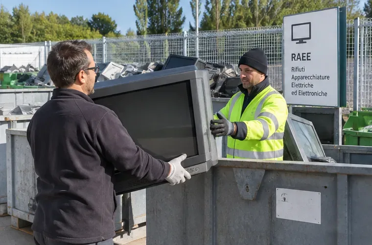 Un cittadino consegna un vecchio televisore a un addetto in un’area di raccolta dedicata ai RAEE