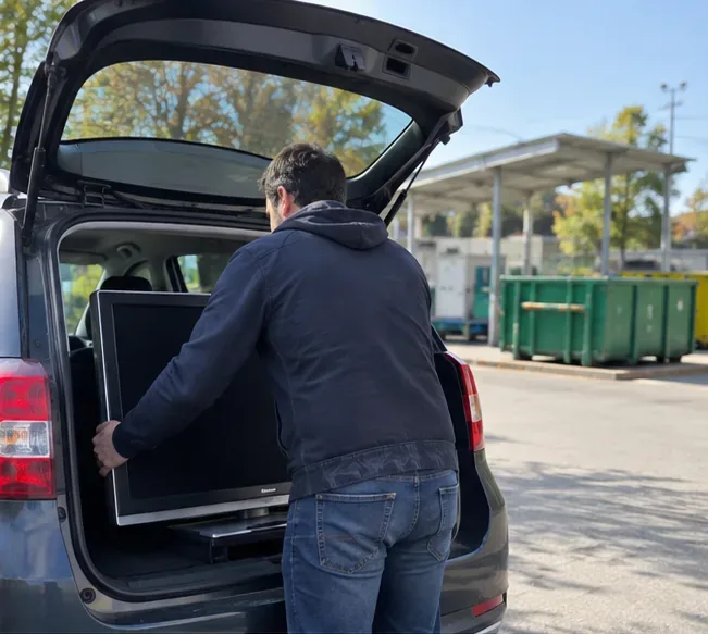 Una persona carica con cautela un televisore nel bagagliaio di un'auto davanti a un'area di raccolta rifiuti