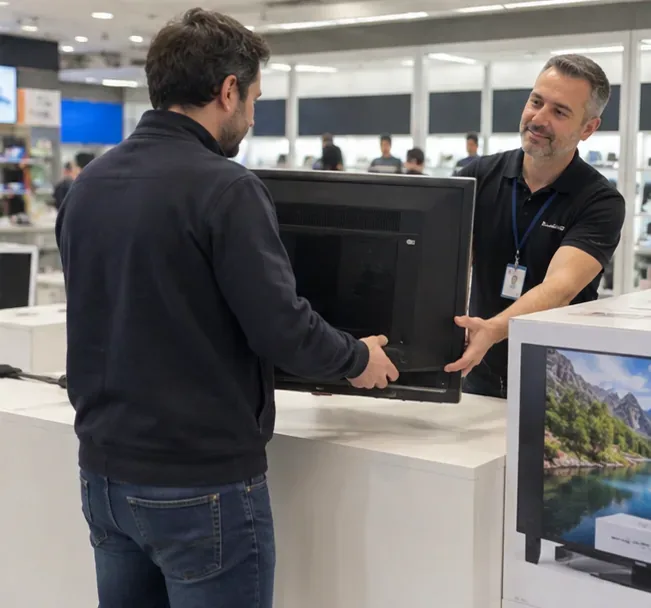 Un cliente consegna un vecchio televisore a un addetto al banco di un negozio di elettronica