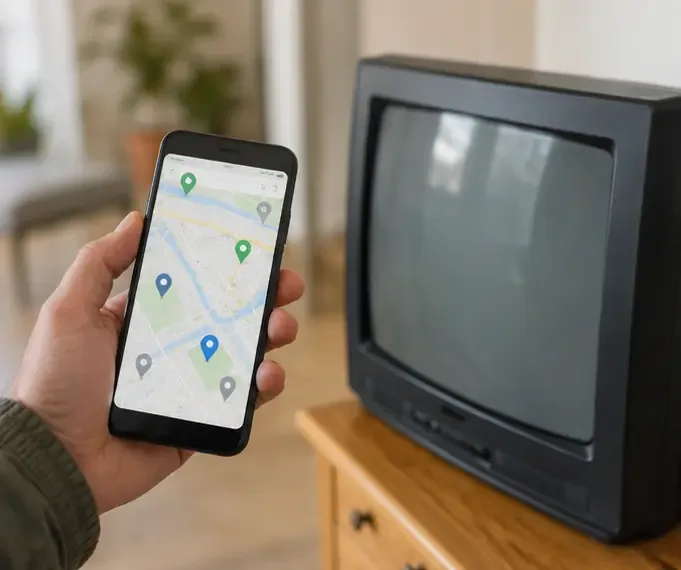 Persona che consulta una mappa sullo smartphone accanto a un vecchio televisore