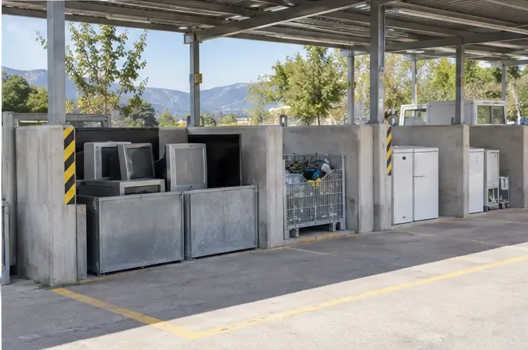 Area di un centro di raccolta con televisori e monitor separati in contenitori dedicati