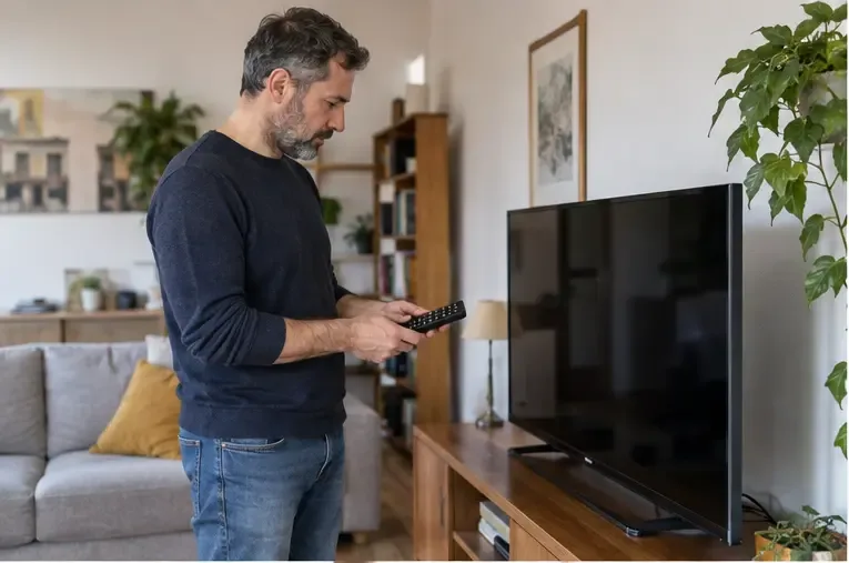 Persona che controlla un televisore e il telecomando in un soggiorno