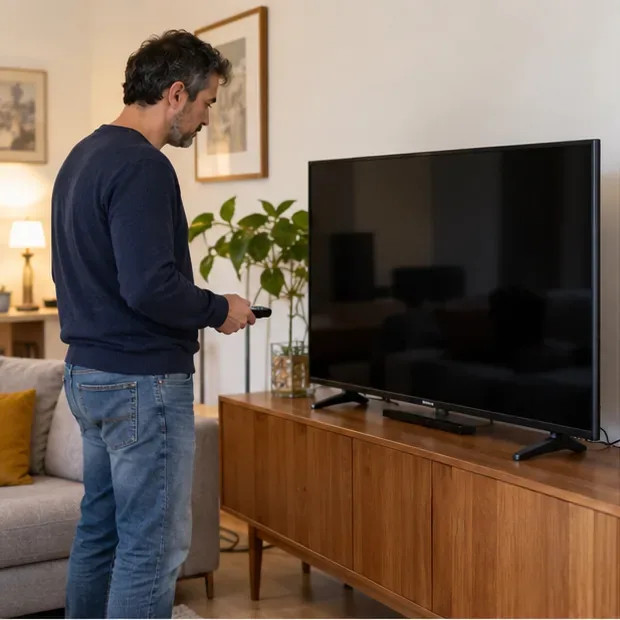 Una persona controlla un televisore a schermo piatto ancora in casa prima di decidere se riutilizzarlo