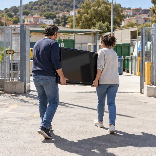 Due persone trasportano un televisore a schermo piatto verso un centro di raccolta