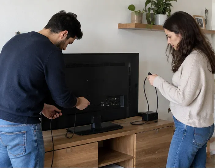 Due persone scollegano i cavi dal retro di un televisore prima di prepararlo per il conferimento RAEE.