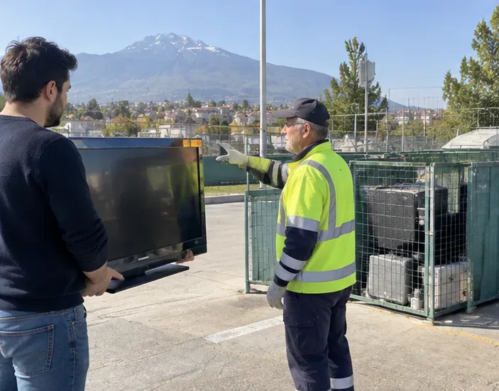 Un cittadino consegna un televisore a un addetto in un centro di raccolta con contenitori per rifiuti elettronici sullo sfondo.