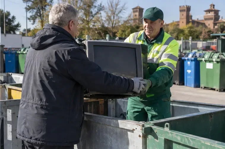 Un residente consegna un televisore a un operatore in un centro di raccolta con contenitori per rifiuti elettronici