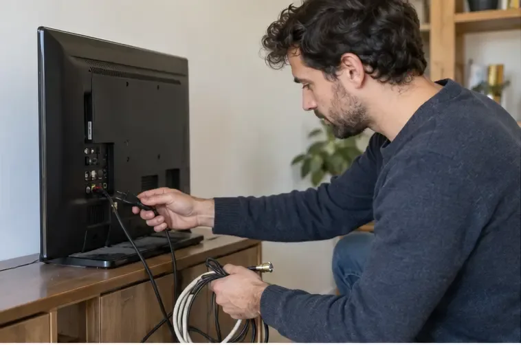 Una persona scollega il cavo di alimentazione e il cavo dell’antenna dal retro di un televisore in casa