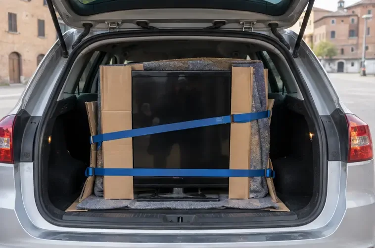 Un televisore avvolto e fermato con cinghie nel bagagliaio di un’automobile