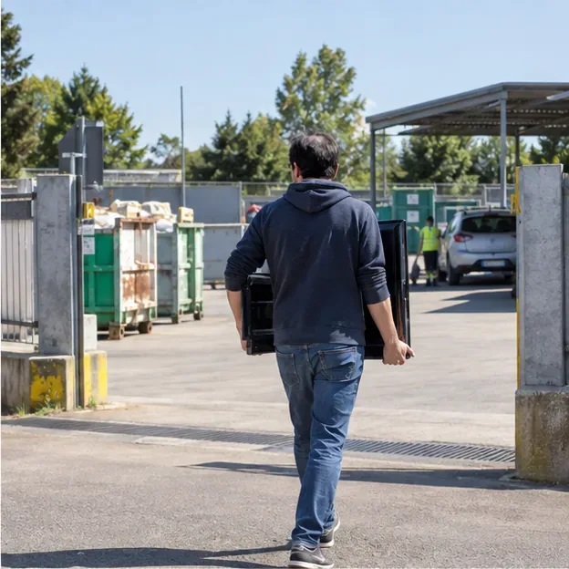 Persona che trasporta un televisore integro verso un centro di raccolta con cassoni per rifiuti differenziati