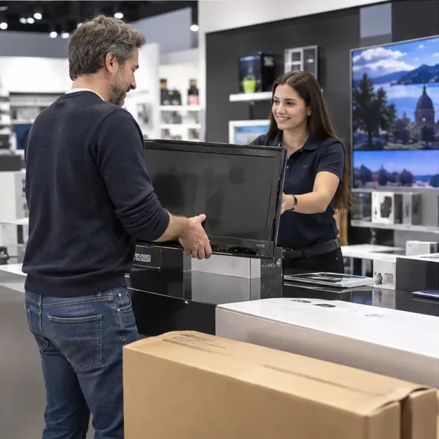 Cliente che consegna un vecchio televisore al banco di un negozio di elettronica