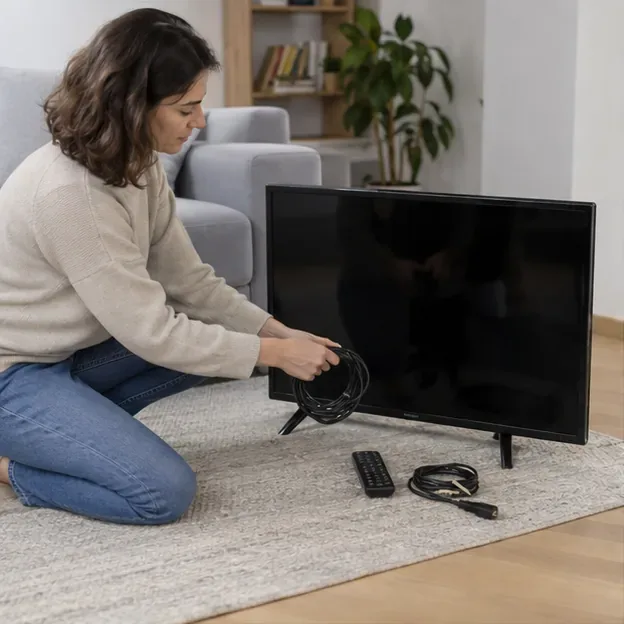 Televisore spento in casa con cavi e telecomando separati prima del conferimento