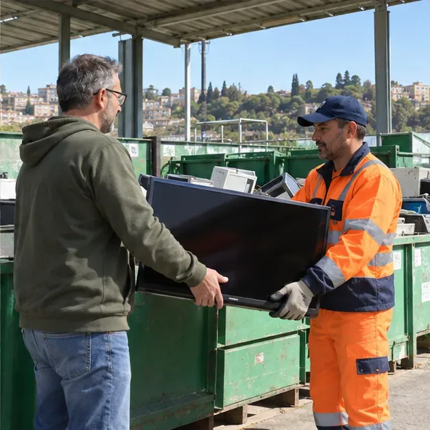 Un operatore del centro di raccolta riceve un televisore da un residente