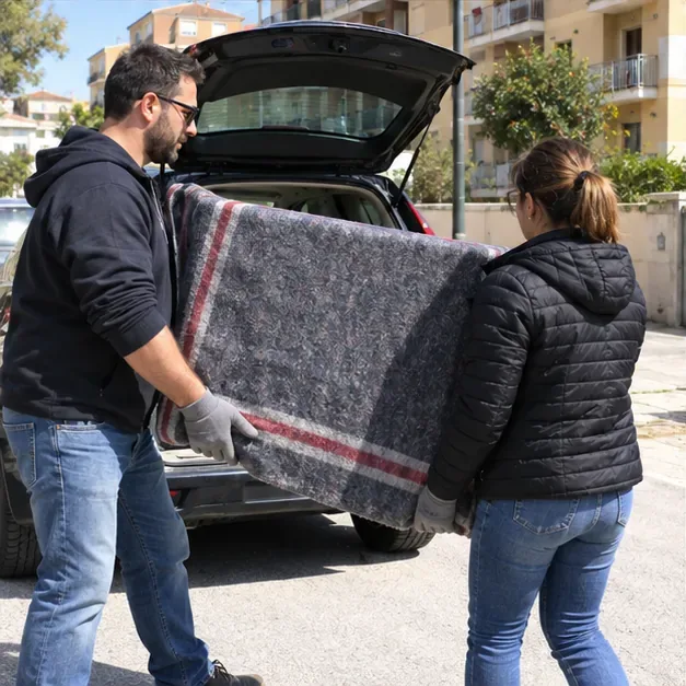 Due persone trasportano in verticale un televisore piatto protetto da una coperta