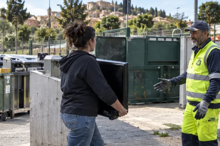 Una residente consegna un televisore a un addetto in un’area comunale di raccolta dei rifiuti elettronici.