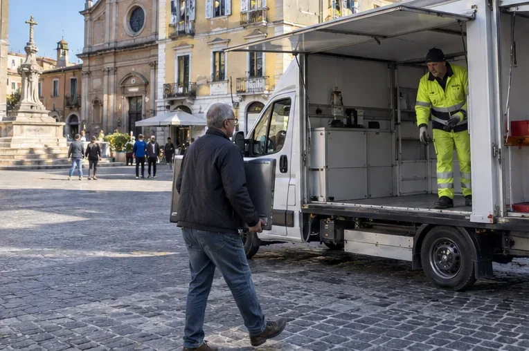 Una persona carica un televisore a schermo piatto su un furgone presso un’area di raccolta cittadina.