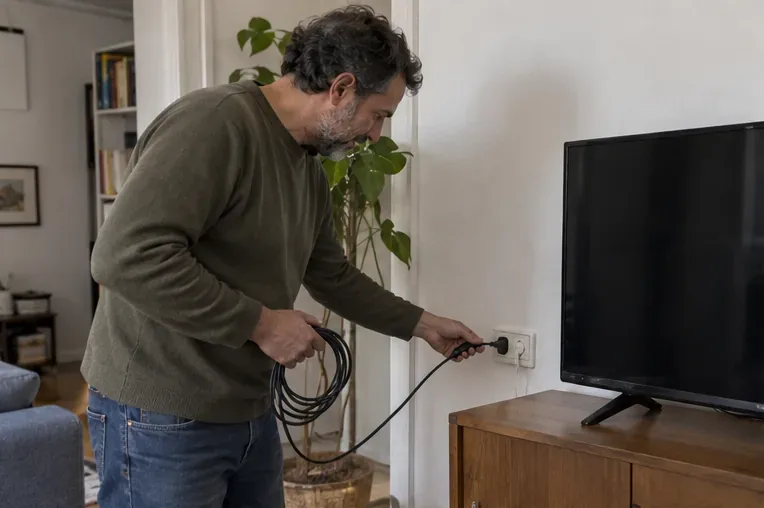 Una persona stacca la spina di un televisore a schermo piatto prima di prepararlo per il conferimento.