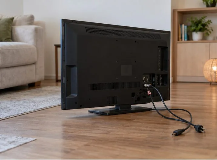 Televisore a schermo piatto scollegato dalla presa, con i cavi visibili dietro, pronto per essere conferito come RAEE